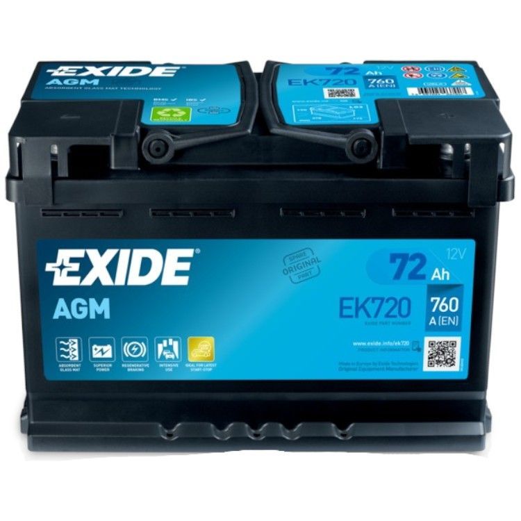 Exide AGM EK720 72А/ч-12V ст EN720 европейские обратная 278x175x190